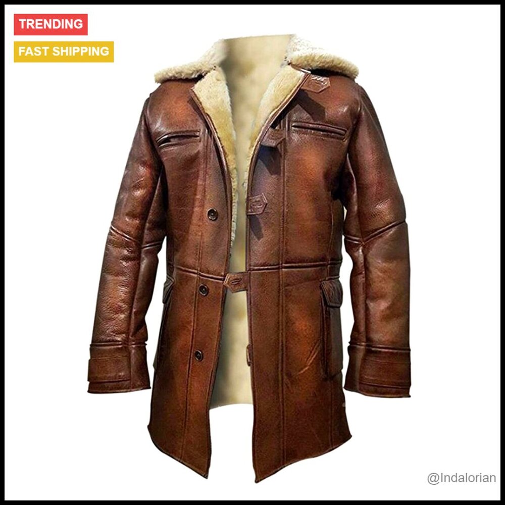 Men's Shearling Leather Trench Coat Winter Duster Classic Athletic Fit Heavy